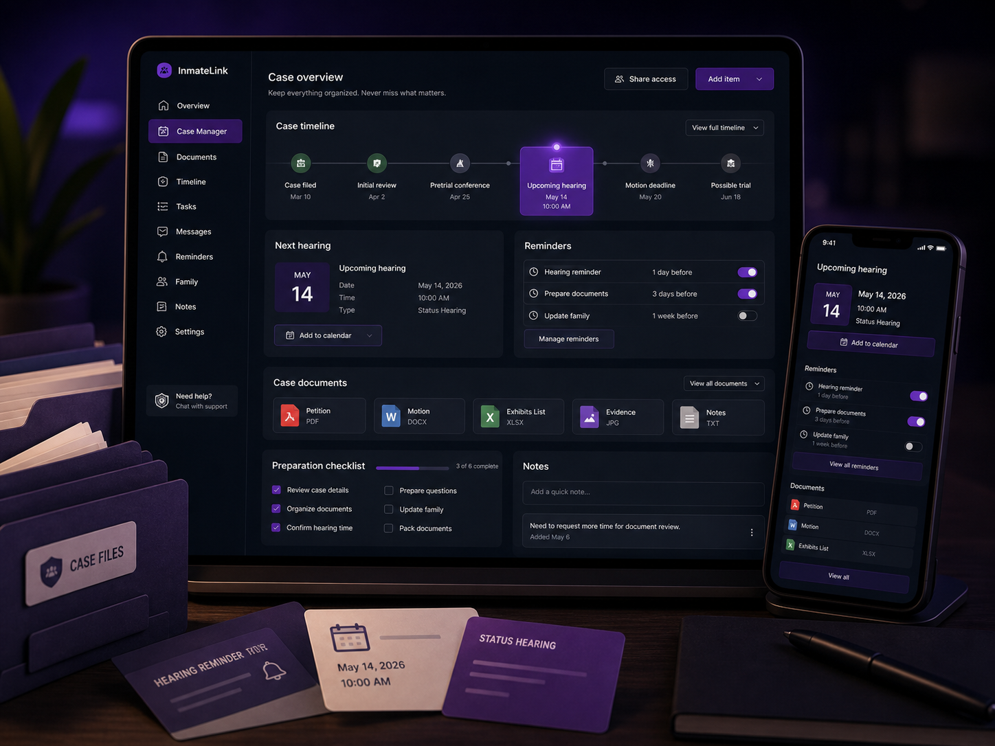 Court Case Manager dashboard with a case timeline, upcoming hearing, document attachments, reminders, and preparation checklist.