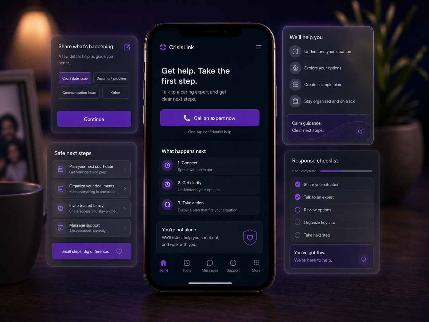 CrisisLink mobile support screen with a calm first-step action, safe next steps, and an organized response checklist.
