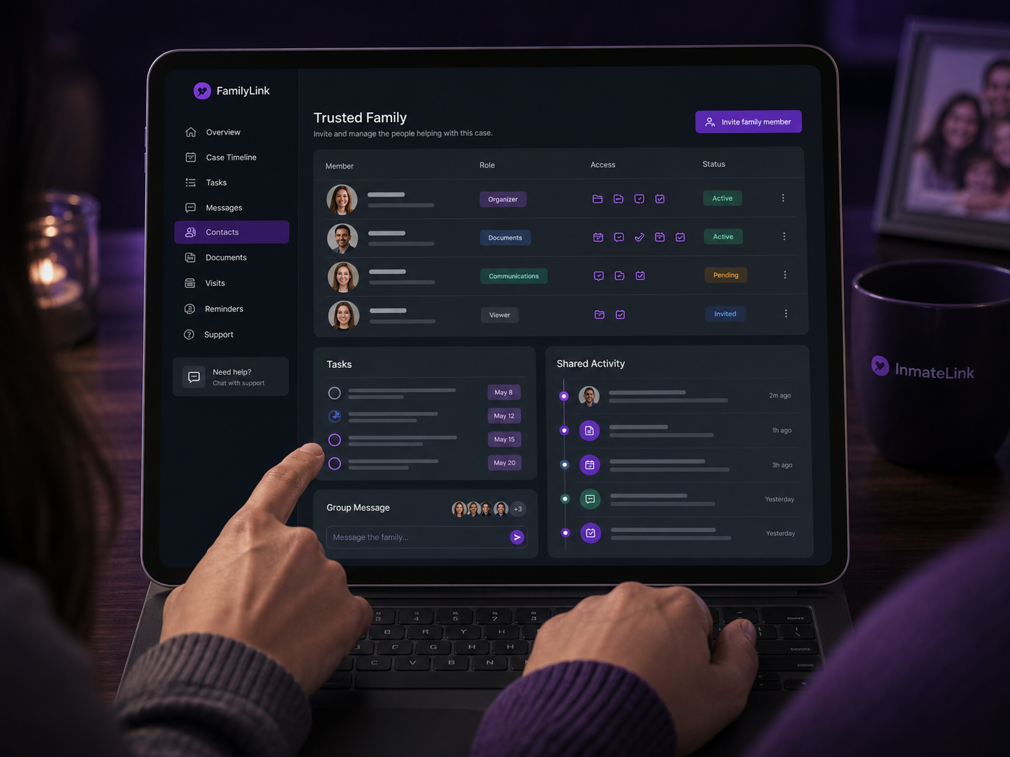 FamilyLink contact management screen with trusted family members, assigned roles, shared tasks, messages, and activity updates.