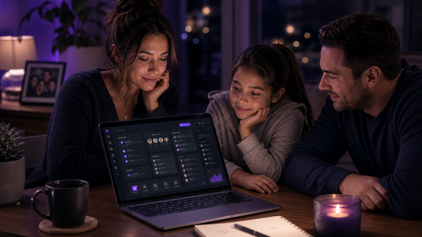 Family gathered calmly around an InmateLink dashboard at home with tools, next steps, reminders, contacts, and messages organized on screen.