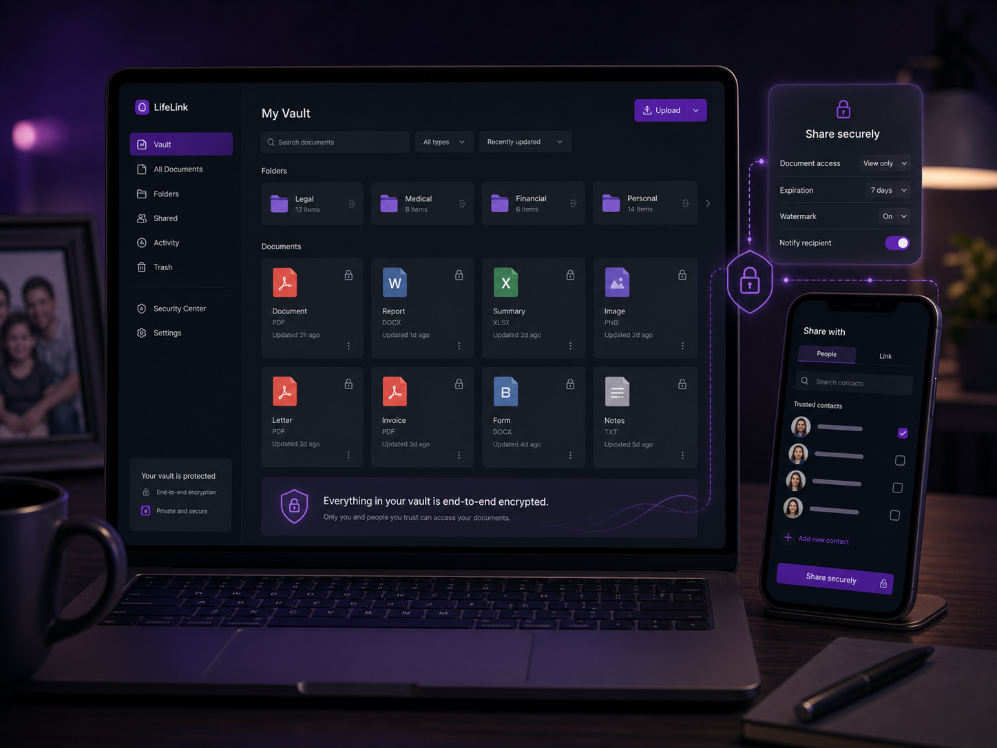 LifeLink secure document vault with organized folders, protected files, sharing controls, and trusted-contact access.