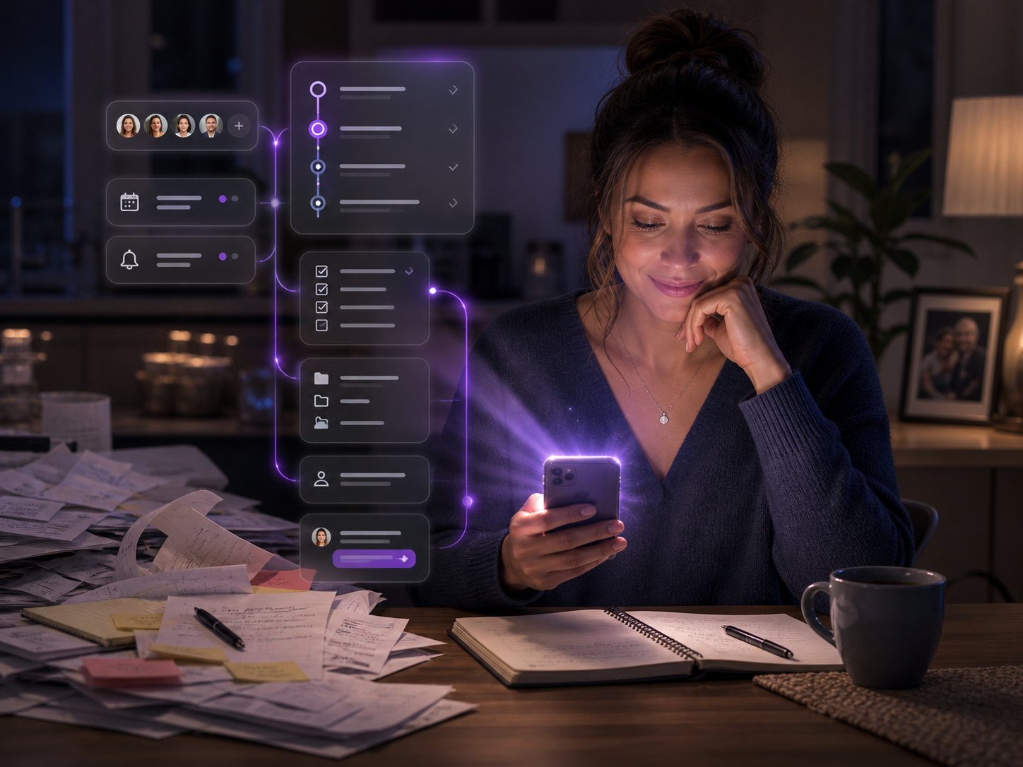 Family member at home finding calm as InmateLink organizes scattered tasks, reminders, documents, and family updates on a phone.