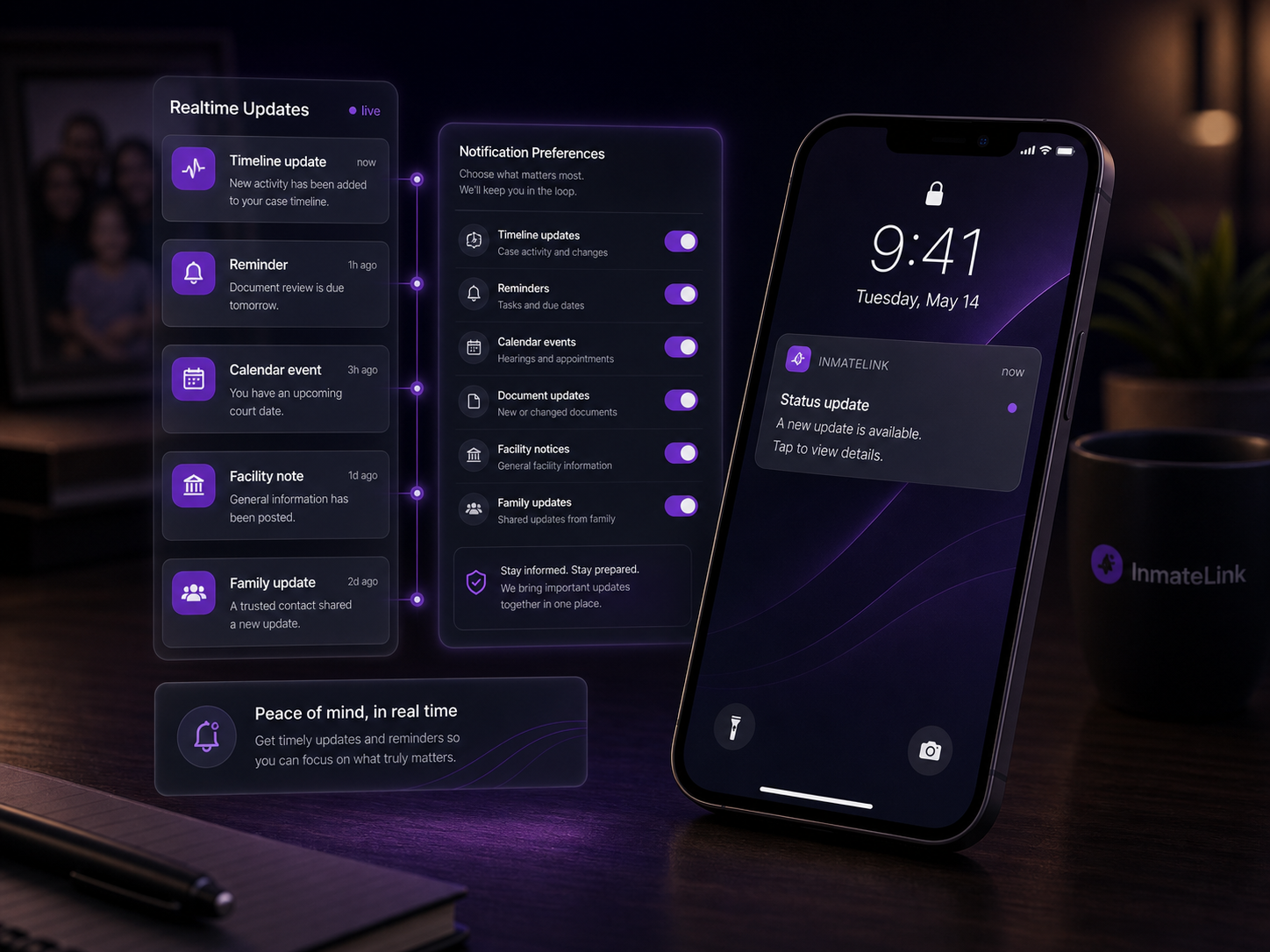Realtime Updates and Notifications screen with alert feed, notification preferences, reminders, facility notes, and a phone notification.