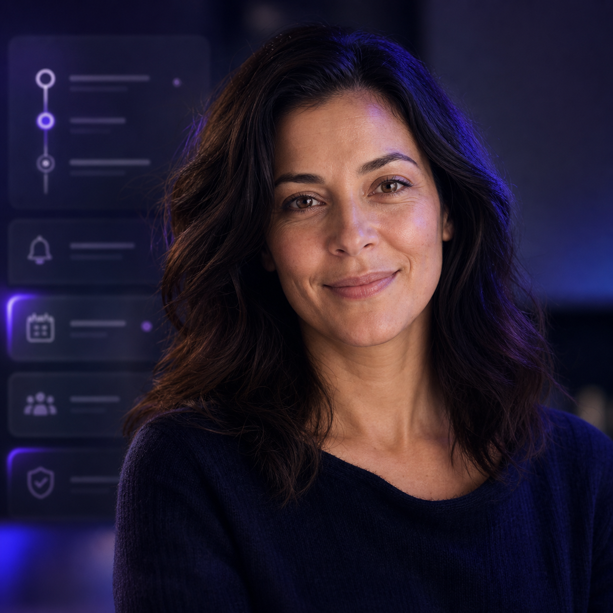 Relieved family member portrait with subtle InmateLink-style timeline and reminder visuals in the background.