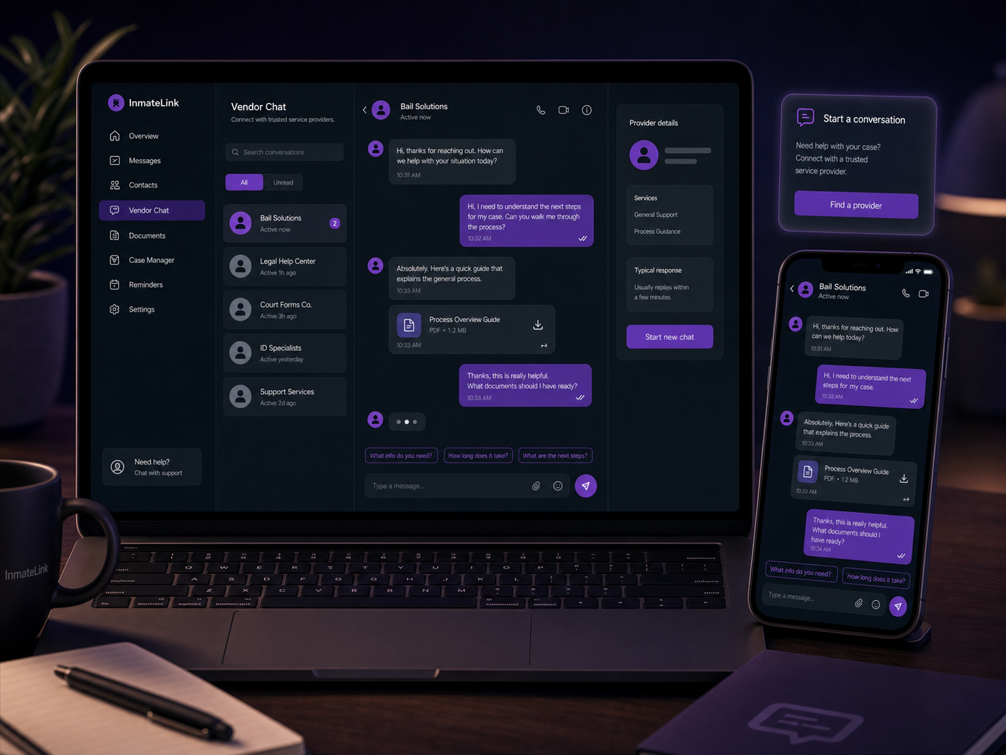 Vendor Chat interface showing an organized provider conversation, quick replies, shared document, and provider contact card.