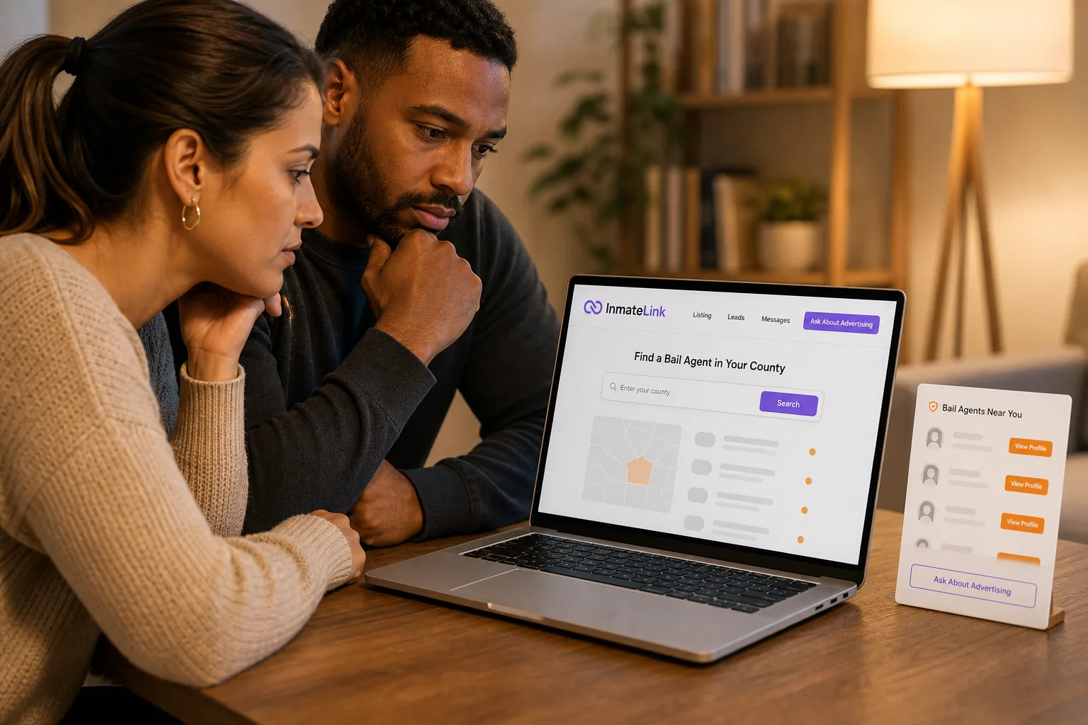 Family reviewing bail-agent search tools on InmateLink