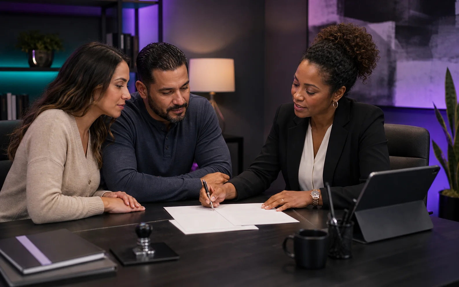 Notary helping family members understand blank documents at a desk