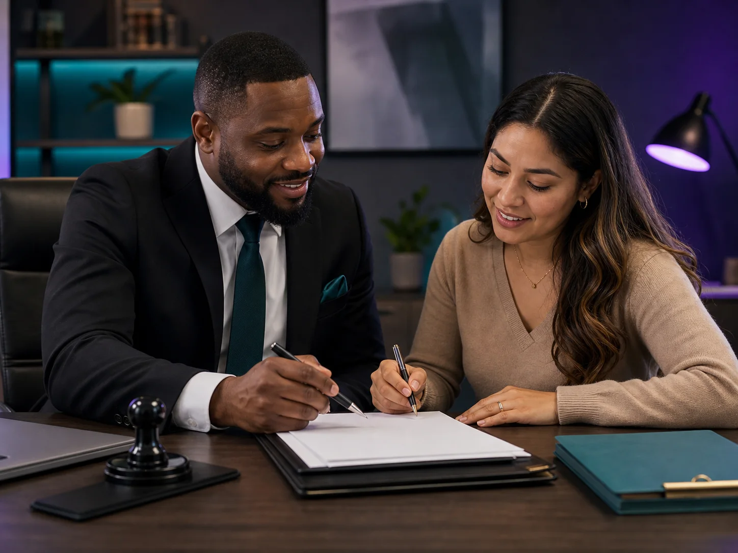 Notary guiding a family member through blank signing paperwork