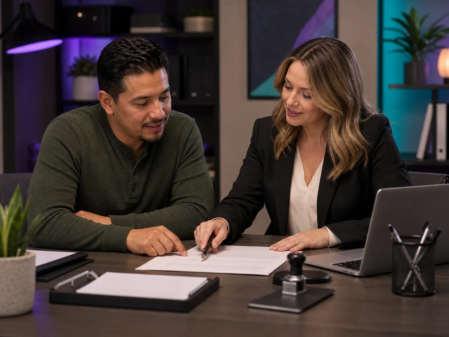 Family member and notary reviewing blank paperwork options at a desk