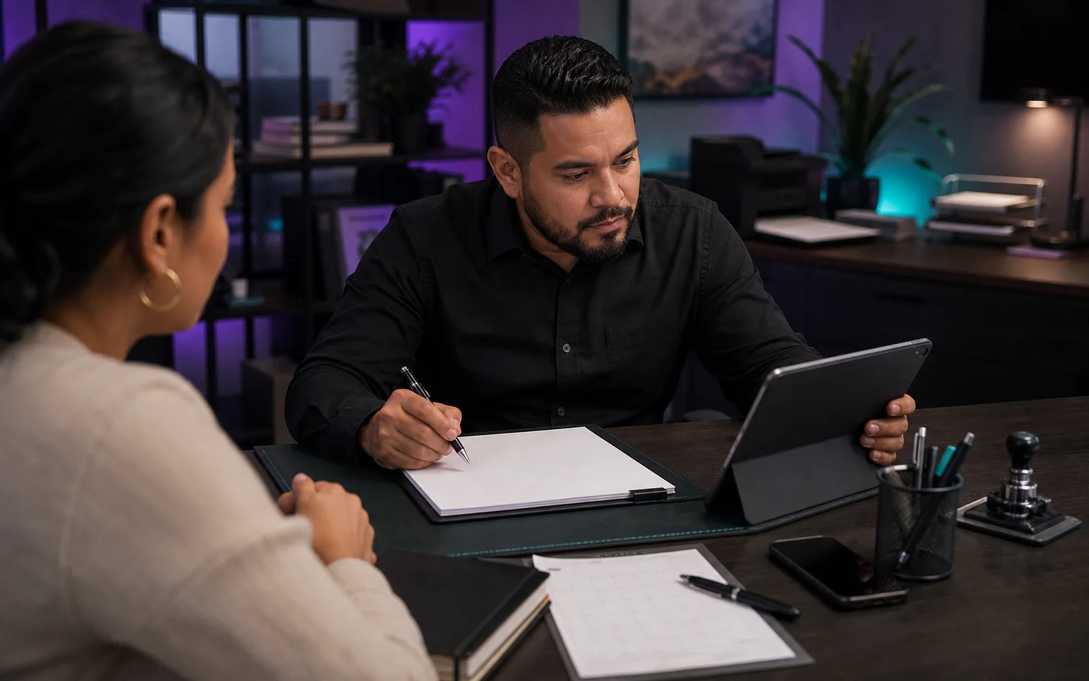 Notary reviewing a new inquiry while preparing blank paperwork