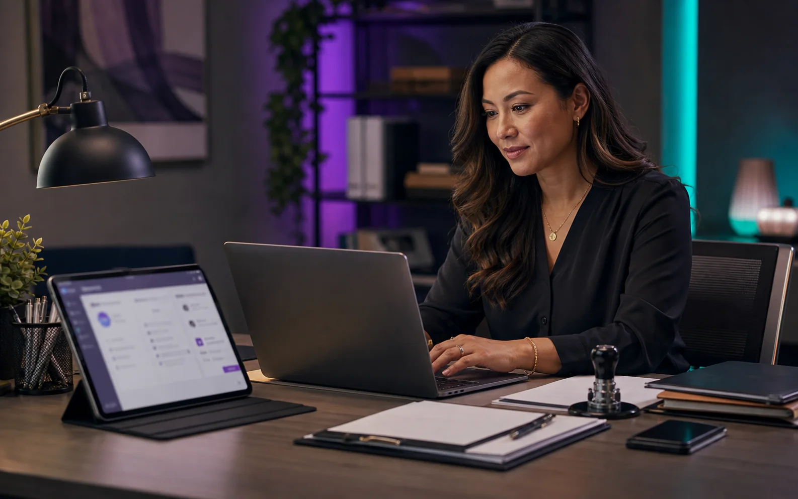 Notary business owner managing requests and documents on a laptop dashboard