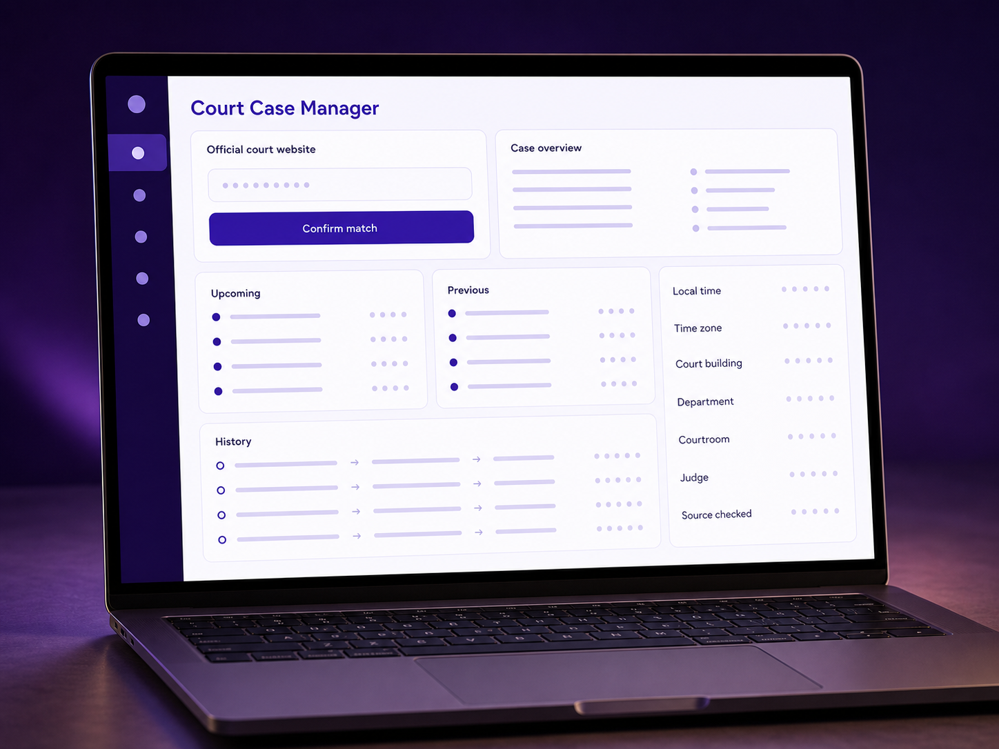 Court Case Manager screen showing a case record, documents, dates, notes, and reminders.