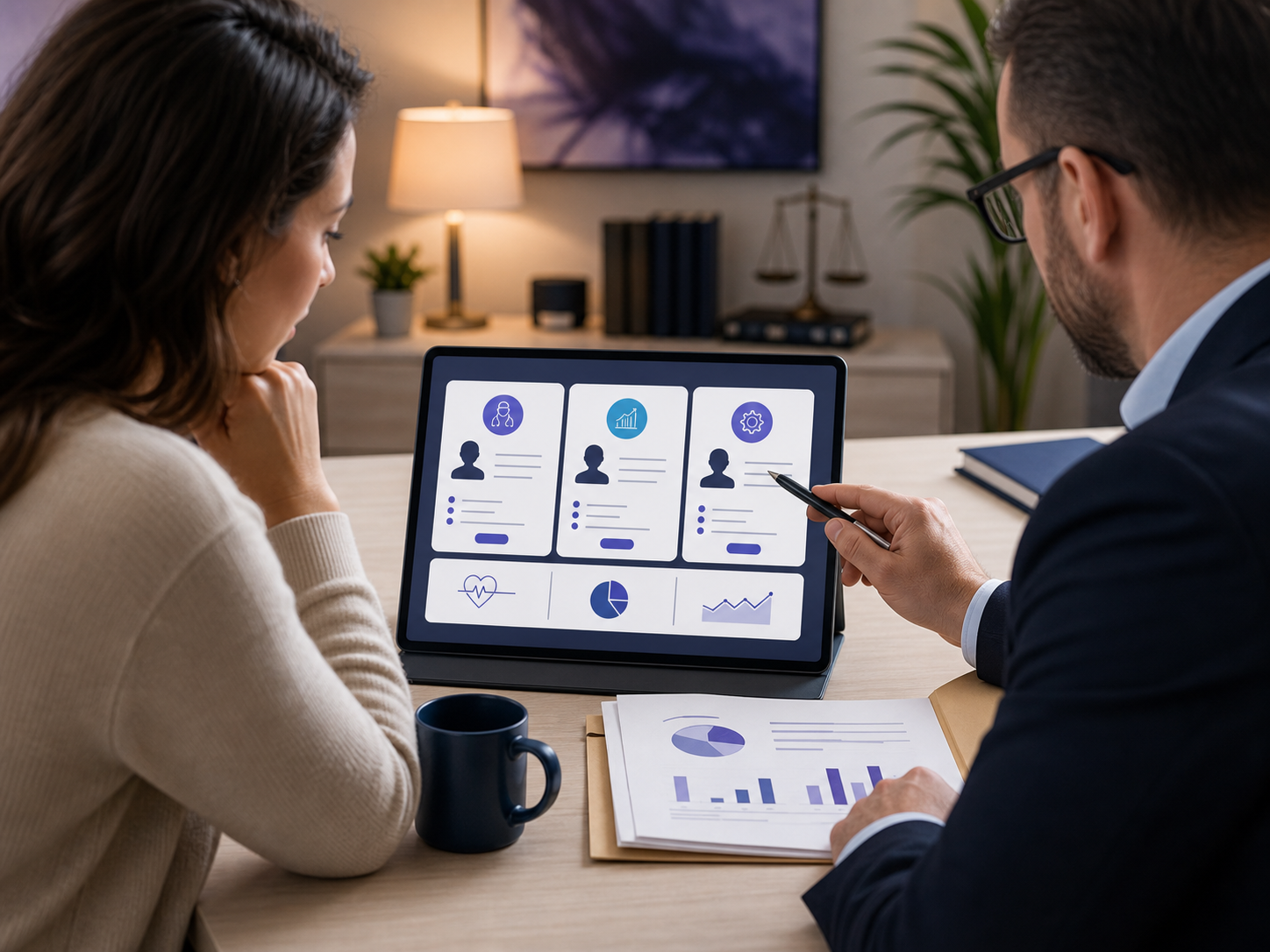 Family member reviewing expert witness options with a professional advisor