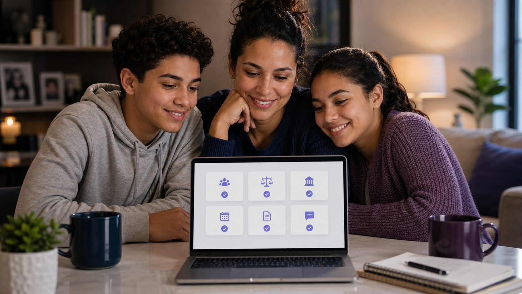 Family gathered around a laptop after organizing urgent support options