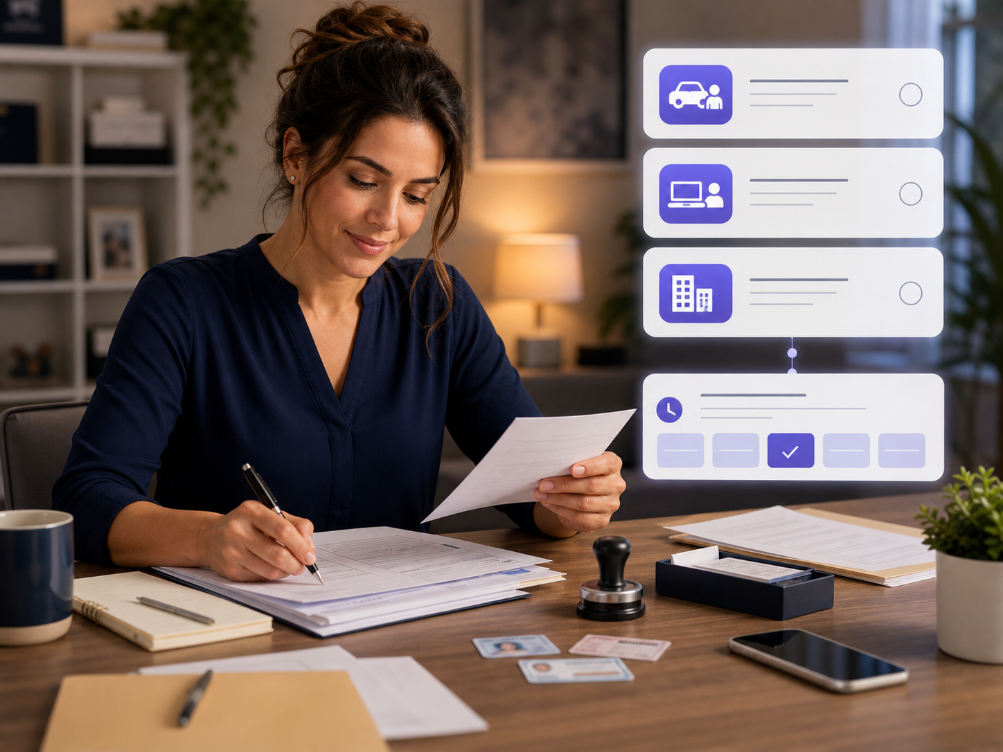 Family member organizing urgent documents with mobile notary options