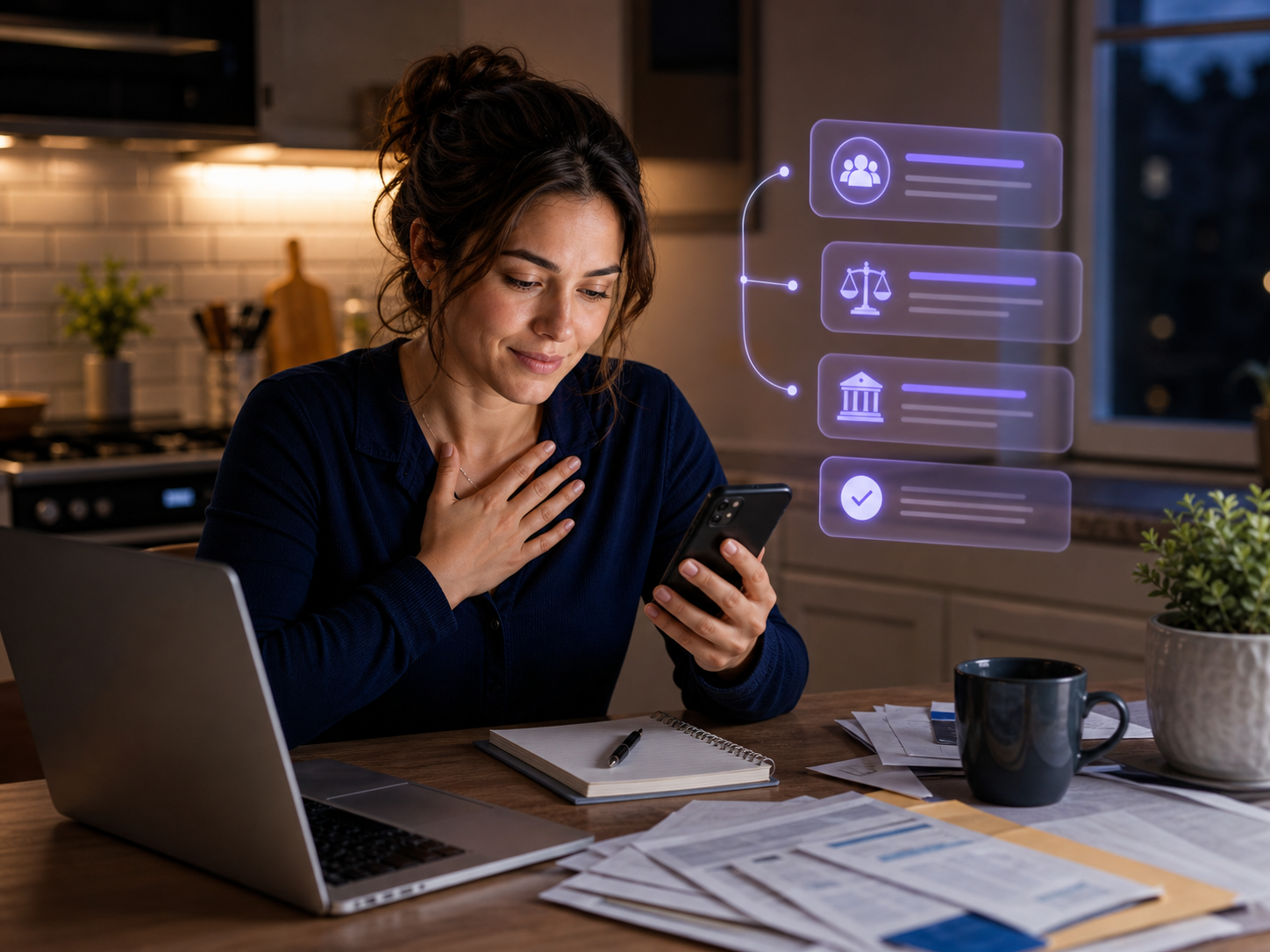 Family member at a kitchen table using a phone to organize urgent next steps