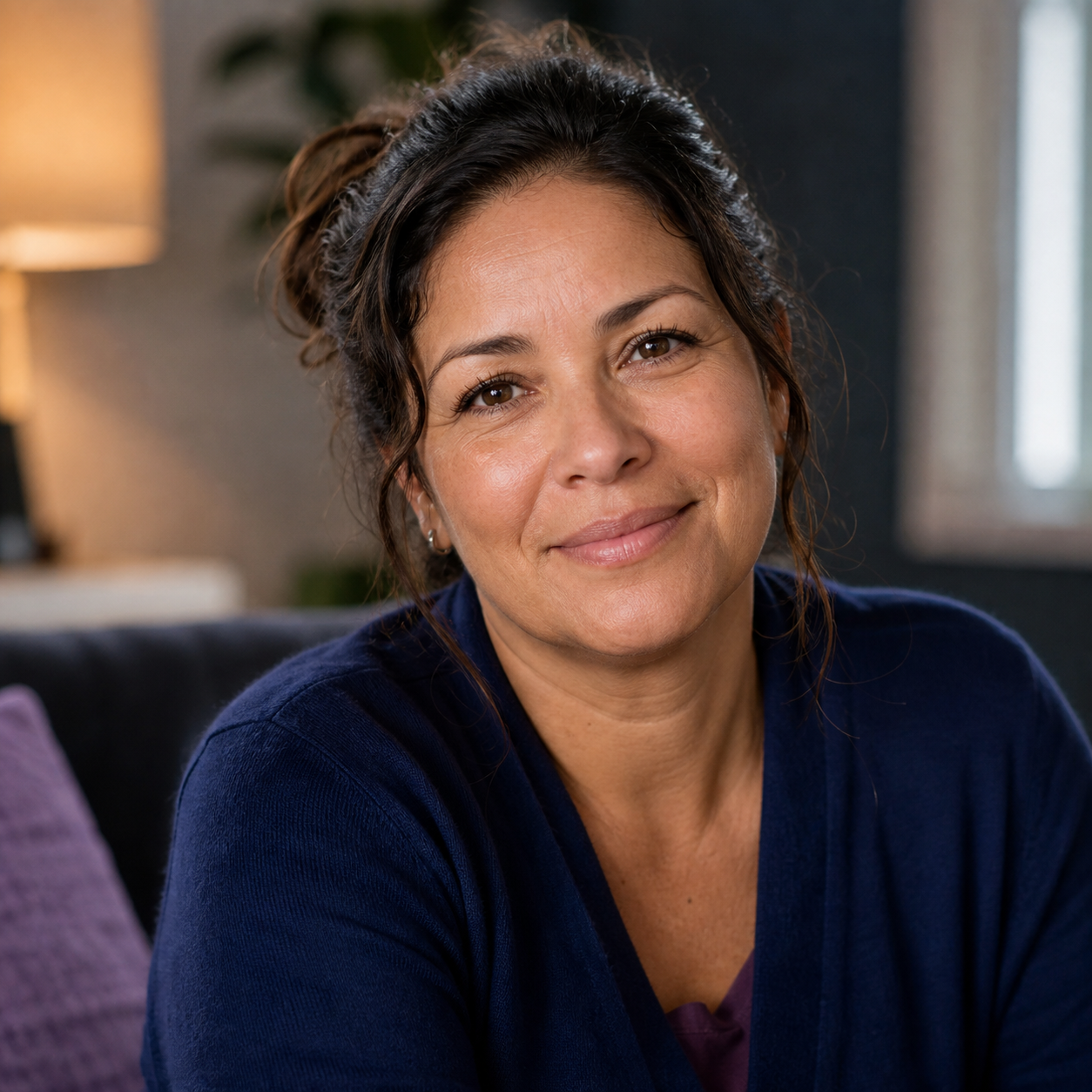 Relieved caregiver portrait in a warm home setting