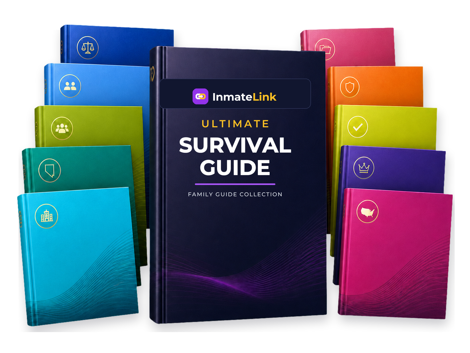 InmateLink Ultimate Survival Guide collection shown as a colorful stack of family guide books.