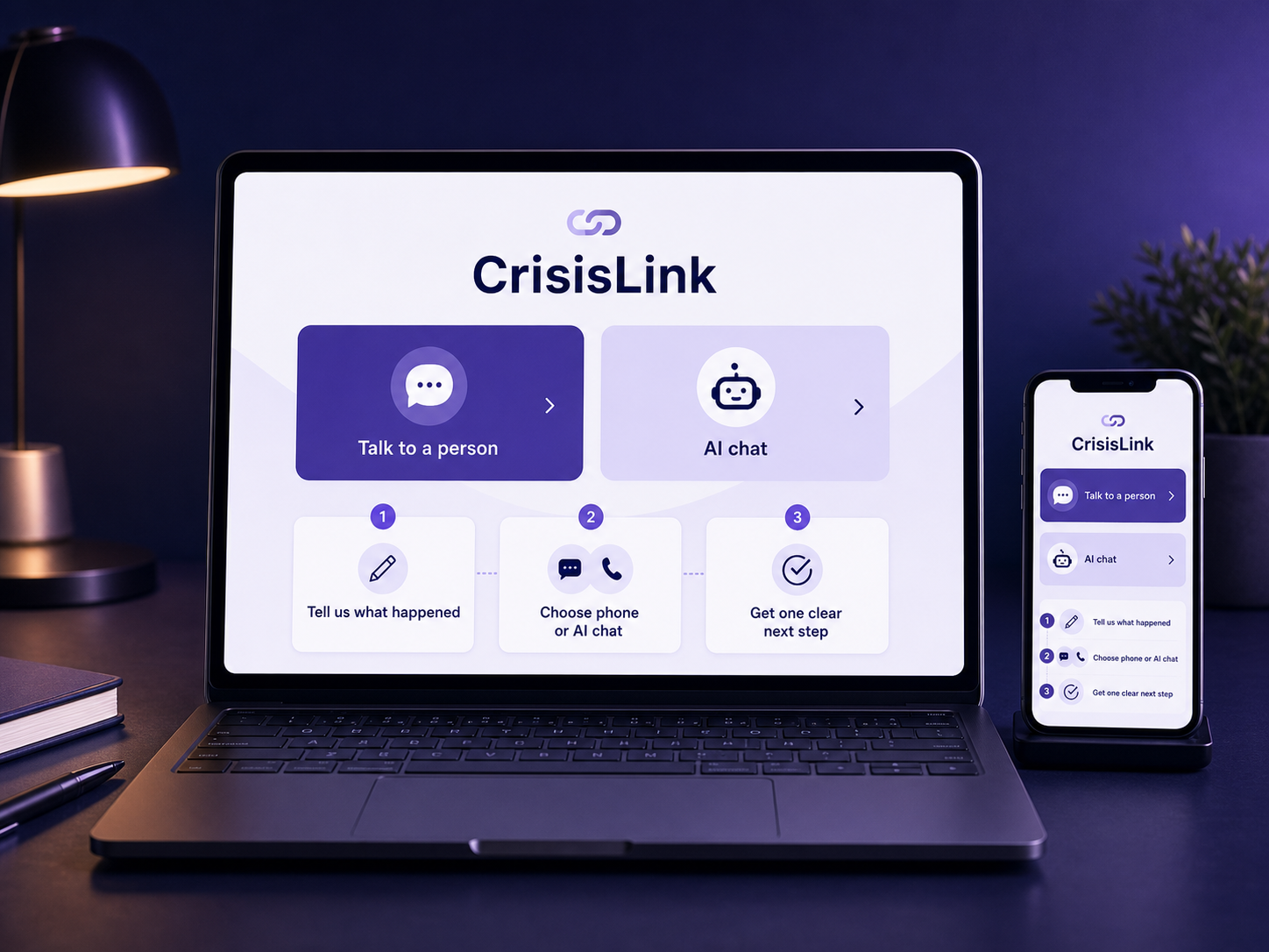 CrisisLink screen showing human phone support and AI chat.