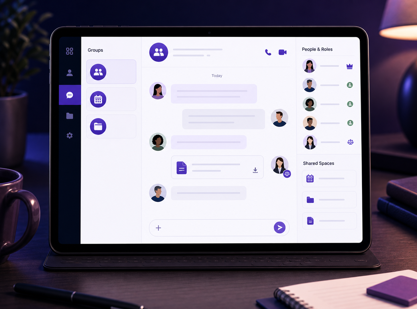 FamilyLink screen showing trusted contacts, roles, and private notes.